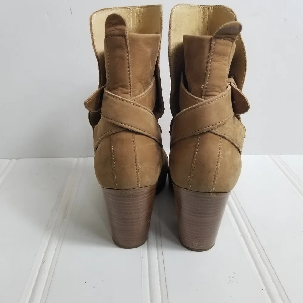 Rag & Bone Kinsey Boots 37.5 Suede Ankle Wrap Strap Chunky Heel Tan Italy